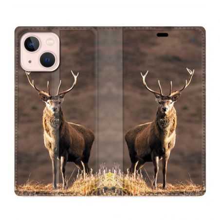 Housse Cuir Portefeuille Pour Iphone 13 Mini Chasse Chevreuil Blanc