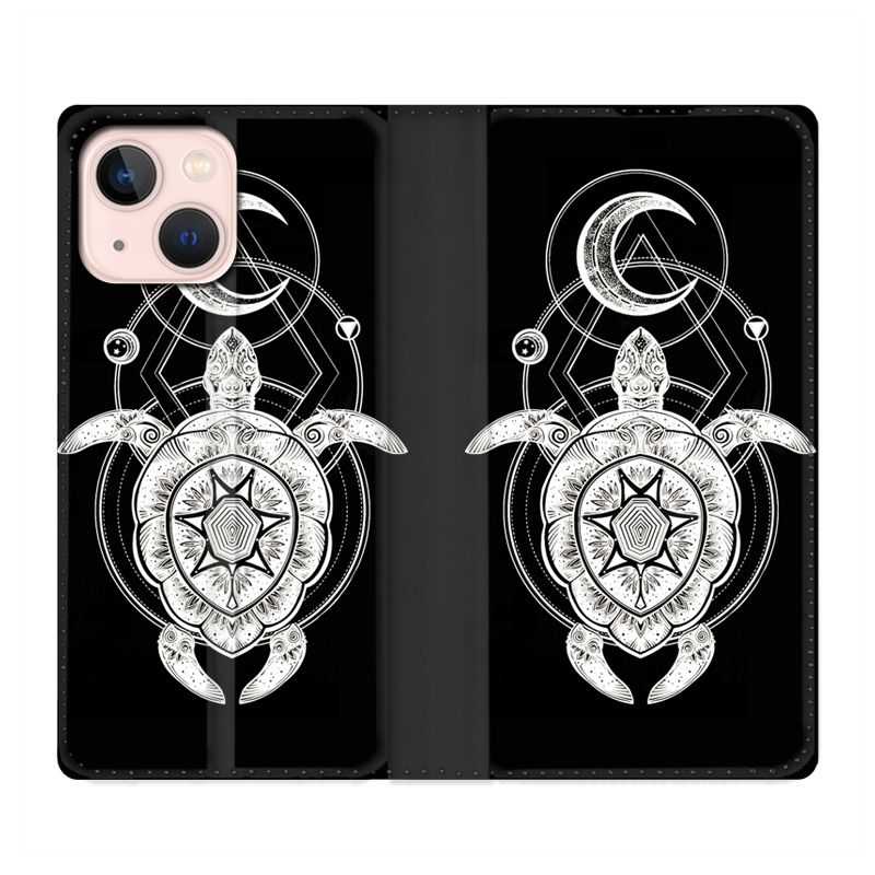 Housse Cuir Portefeuille Pour Iphone 13 Mini Animaux Maori Tortue Noir