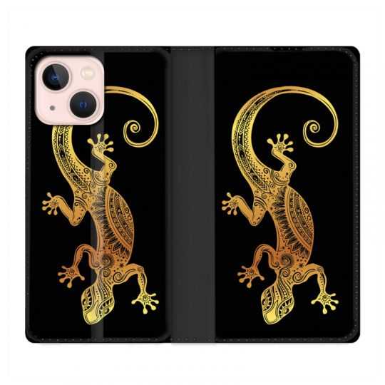 Housse Cuir Portefeuille Pour Iphone 13 Mini Animaux Maori Lezard Noir