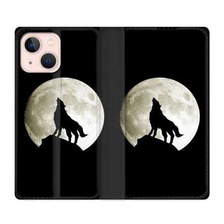 Housse Cuir Portefeuille Pour Iphone 13 Mini Loup Noir