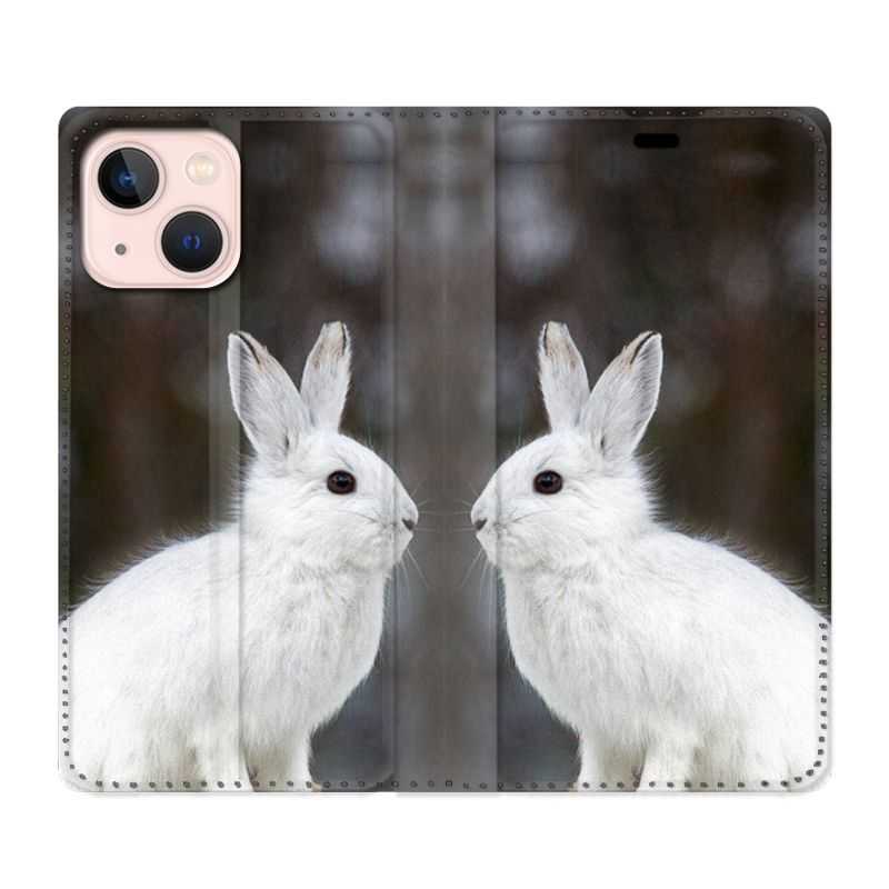 Housse Cuir Portefeuille Pour Iphone 13 Mini Lapin Blanc