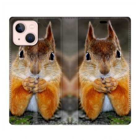 Housse Cuir Portefeuille Pour Iphone 13 Mini Ecureuil Face