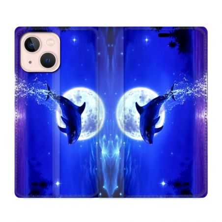 Housse Cuir Portefeuille Pour Iphone 13 Mini Dauphin Lune