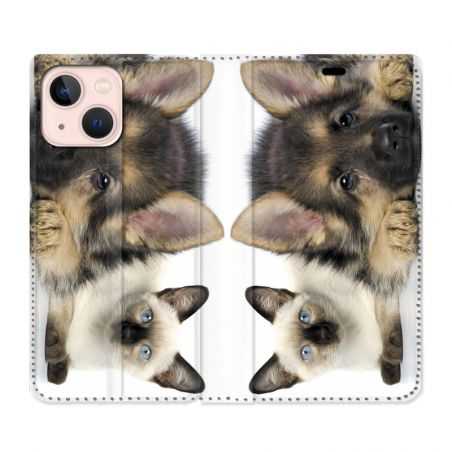 Housse Cuir Portefeuille Pour Iphone 13 Mini Chien vs Chat