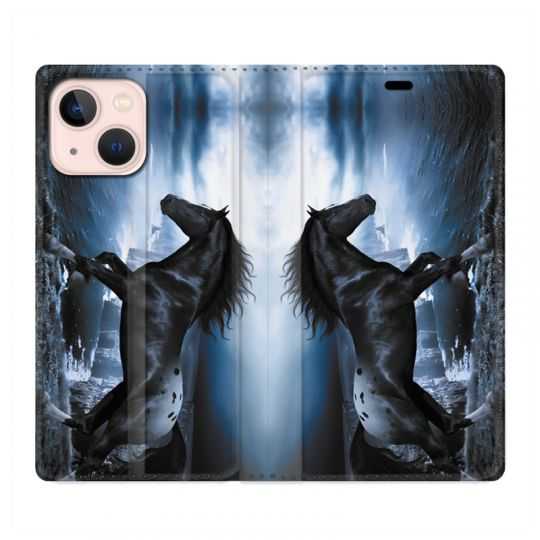 Housse Cuir Portefeuille Pour Iphone 13 Mini Cheval Noir