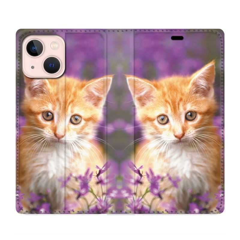 Housse Cuir Portefeuille Pour Iphone 13 Mini Chat Violet