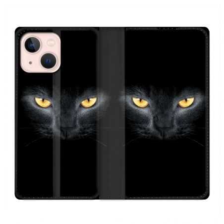 Housse Cuir Portefeuille Pour Iphone 13 Mini Chat Noir