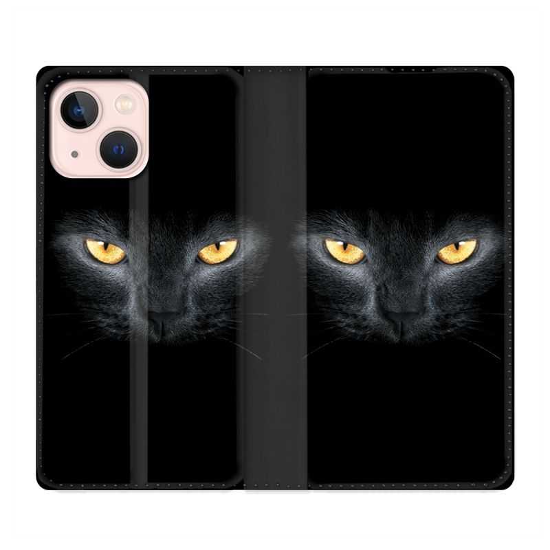 Housse Cuir Portefeuille Pour Iphone 13 Mini Chat Noir
