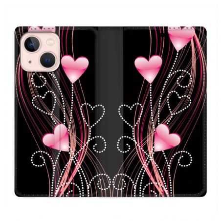 Housse Cuir Portefeuille Pour Iphone 13 Mini Coeur Rose Montant sur Noir