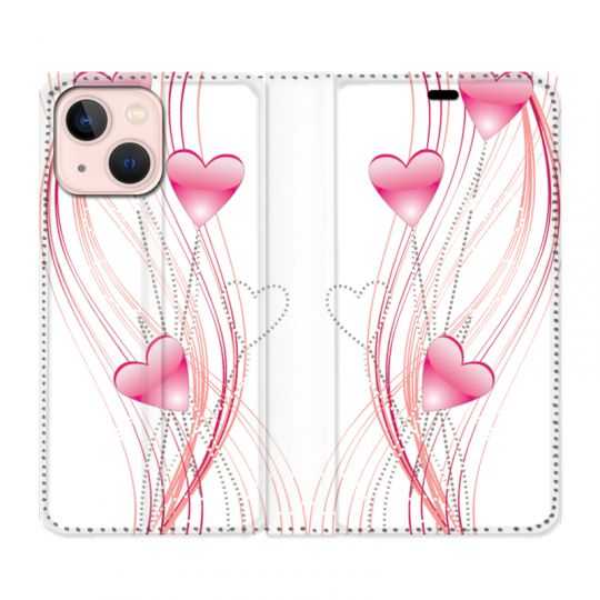 Housse Cuir Portefeuille Pour Iphone 13 Mini Coeur Rose Montant sur Blanc
