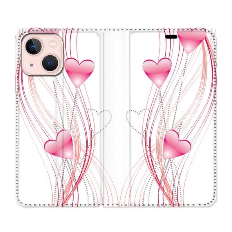 Housse Cuir Portefeuille Pour Iphone 13 Mini Coeur Rose Montant sur Blanc