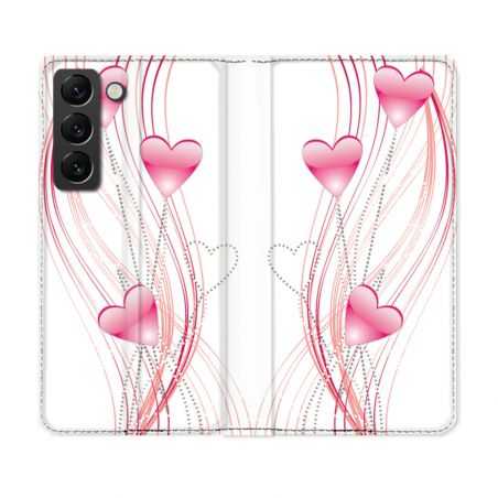 Housse Cuir Portefeuille Pour Samsung Galaxy S22 Amour Coeur Rose Montant sur Blanc