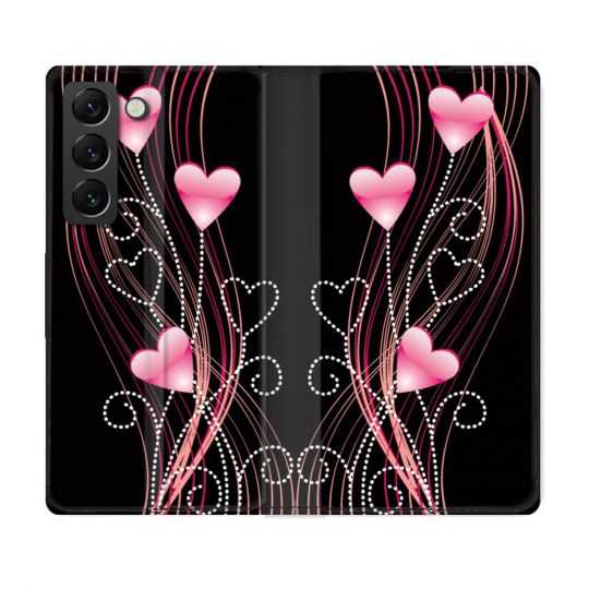 Housse Cuir Portefeuille Pour Samsung Galaxy S22 Amour Coeur Rose Montant sur Noir