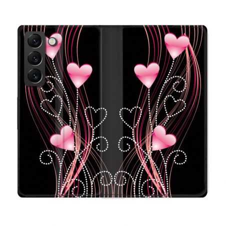 Housse Cuir Portefeuille Pour Samsung Galaxy S22 Amour Coeur Rose Montant sur Noir