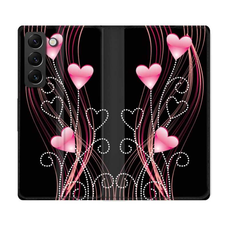 Housse Cuir Portefeuille Pour Samsung Galaxy S22 Amour Coeur Rose Montant sur Noir