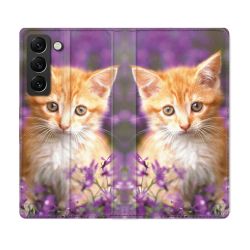 Housse Cuir Portefeuille Pour Samsung Galaxy S22 Animal Chat Violet