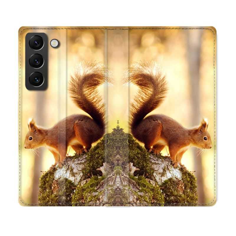 Housse Cuir Portefeuille Pour Samsung Galaxy S22 Animal Ecureuil Bois