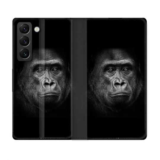 Housse Cuir Portefeuille Pour Samsung Galaxy S22 Animal Gorille Noir