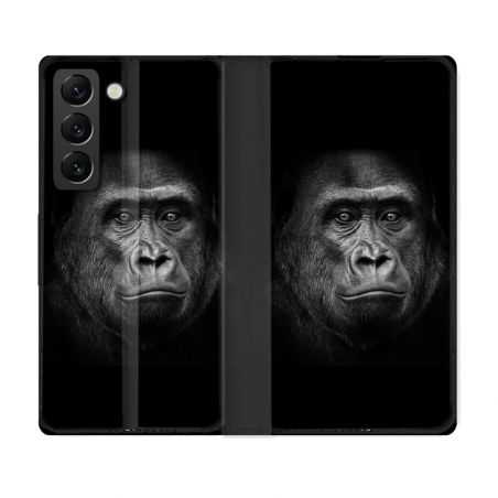 Housse Cuir Portefeuille Pour Samsung Galaxy S22 Animal Gorille Noir
