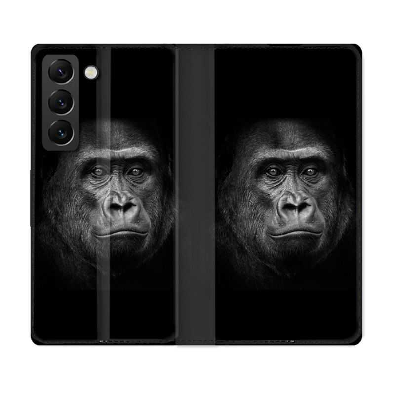 Housse Cuir Portefeuille Pour Samsung Galaxy S22 Animal Gorille Noir