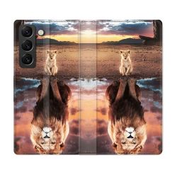 Housse Cuir Portefeuille Pour Samsung Galaxy S22 Animal Lion Reflet
