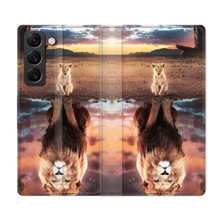 Housse Cuir Portefeuille Pour Samsung Galaxy S22 Animal Lion Reflet