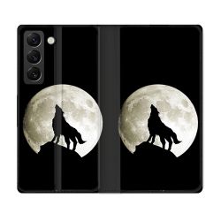 Housse Cuir Portefeuille Pour Samsung Galaxy S22 Animal Loup Noir