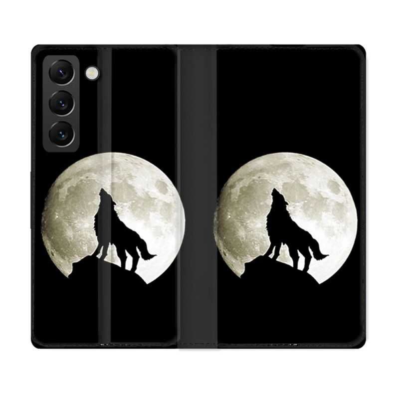 Housse Cuir Portefeuille Pour Samsung Galaxy S22 Animal Loup Noir