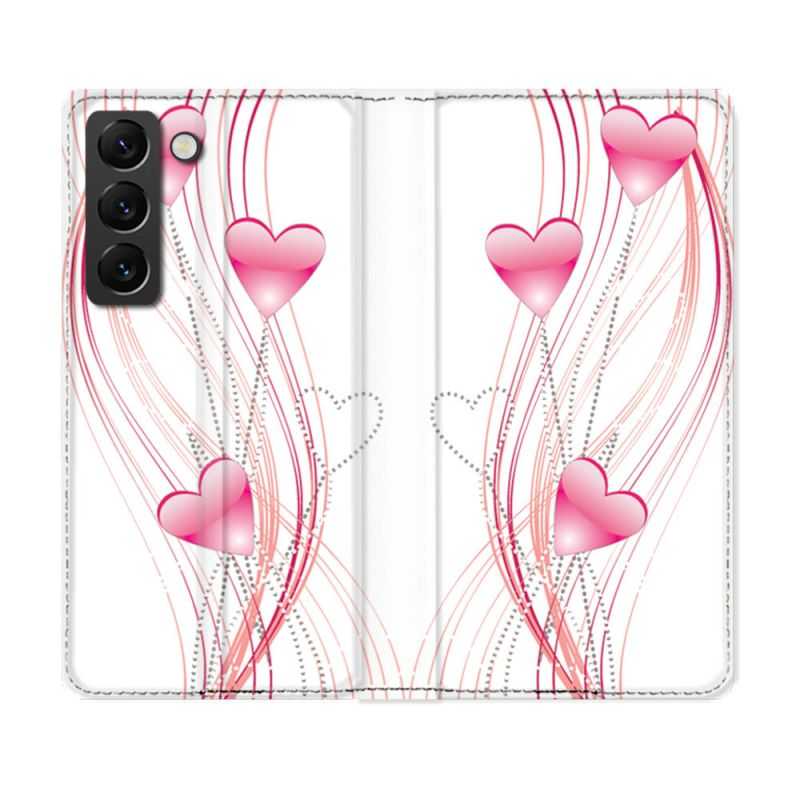 Housse Cuir Portefeuille Pour Samsung Galaxy S22 Plus Amour Coeur Rose Montant sur Blanc