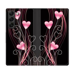Housse Cuir Portefeuille Pour Samsung Galaxy S22 Plus Amour Coeur Rose Montant sur Noir