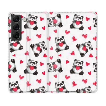 Housse Cuir Portefeuille Pour Samsung Galaxy S22 Animal Panda Cœur