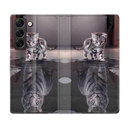 Housse Cuir Portefeuille Pour Samsung Galaxy S22 Plus Animal Chat Reflet