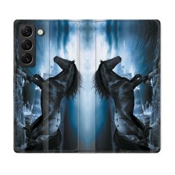 Housse Cuir Portefeuille Pour Samsung Galaxy S22 Plus Animal Cheval Noir