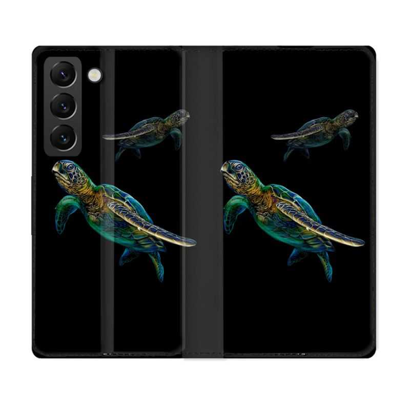 Housse Cuir Portefeuille Pour Samsung Galaxy S22 Animal Tortue Noire multicolore