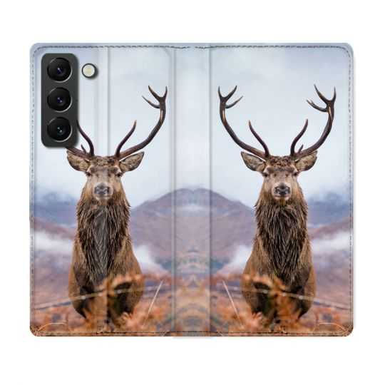 Housse Cuir Portefeuille Pour Samsung Galaxy S22 Chasse Chevreuil Montagne