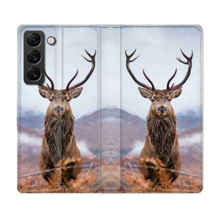 Housse Cuir Portefeuille Pour Samsung Galaxy S22 Chasse Chevreuil Montagne