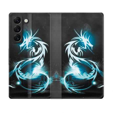 Housse Cuir Portefeuille Pour Samsung Galaxy S22 Fantastique Dragon Bleu