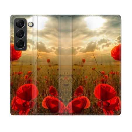 Housse Cuir Portefeuille Pour Samsung Galaxy S22 Fleur Coquelicot