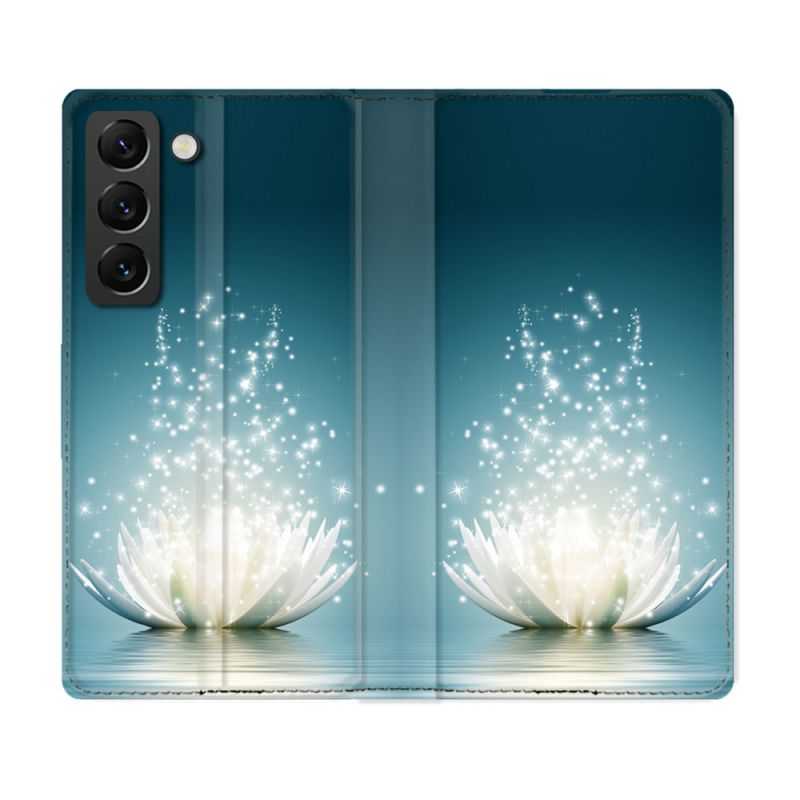 Housse Cuir Portefeuille Pour Samsung Galaxy S22 Fleur Lotus Blanc