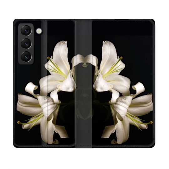 Housse Cuir Portefeuille Pour Samsung Galaxy S22 Fleur Lys Noir