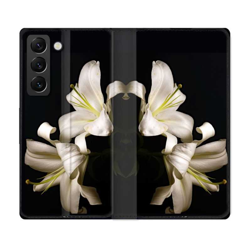 Housse Cuir Portefeuille Pour Samsung Galaxy S22 Fleur Lys Noir