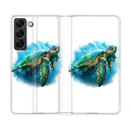 Housse Cuir Portefeuille Pour Samsung Galaxy S22 Plus Animal Tortue Blanche multicolore