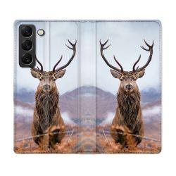 Housse Cuir Portefeuille Pour Samsung Galaxy S22 Plus Chasse Chevreuil Montagne