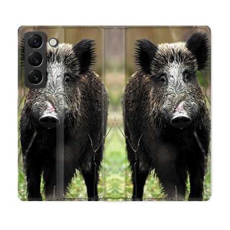 Housse Cuir Portefeuille Pour Samsung Galaxy S22 Plus Chasse Sanglier bois