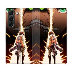 Housse Cuir Portefeuille Pour Samsung Galaxy S22 Manga Attaque Titans Eren Eclair
