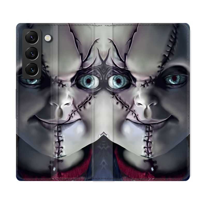 Housse Cuir Portefeuille Pour Samsung Galaxy S22 Plus Horreur Chucky Cicatrice