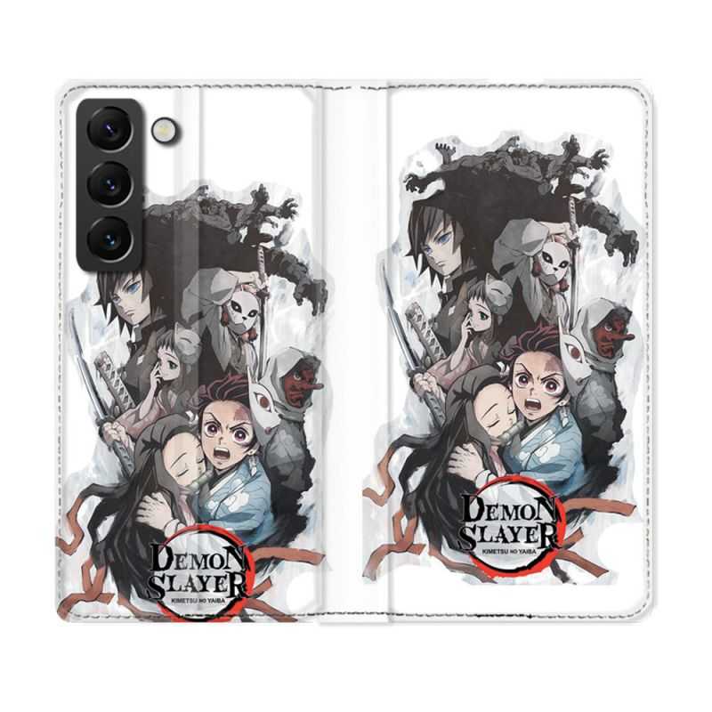 Housse Cuir Portefeuille Pour Samsung Galaxy S22 Manga Demon Slayer Blanc