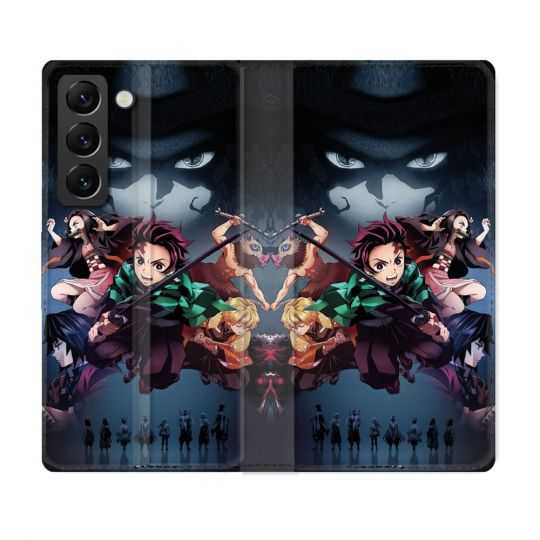 Housse Cuir Portefeuille Pour Samsung Galaxy S22 Plus Manga Demon Slayer Noir