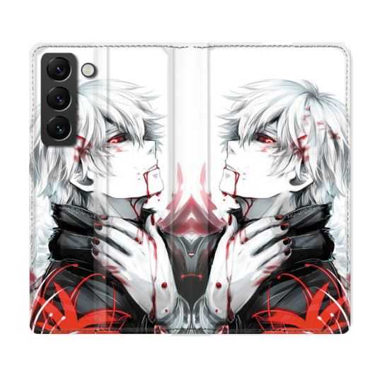 Housse Cuir Portefeuille Pour Samsung Galaxy S22 Plus Manga Tokyo Ghoul Kaneki Blanc