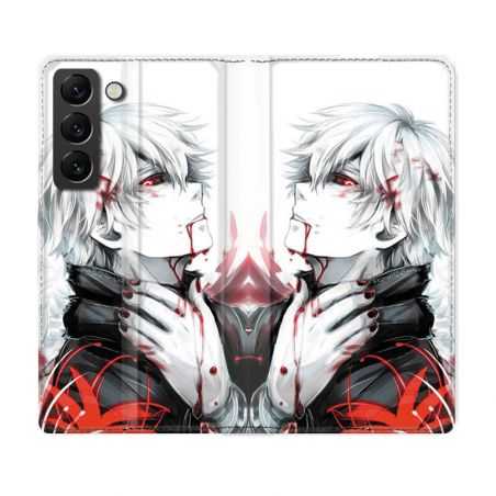 Housse Cuir Portefeuille Pour Samsung Galaxy S22 Plus Manga Tokyo Ghoul Kaneki Blanc